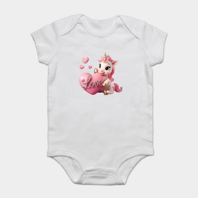 Unicorn with a Pink Mane and Tail, Golden Hooves, and a Golden Horn, Holding a Large Pink Heart with the Word “Love Baby Bodysuit by animegirlnft